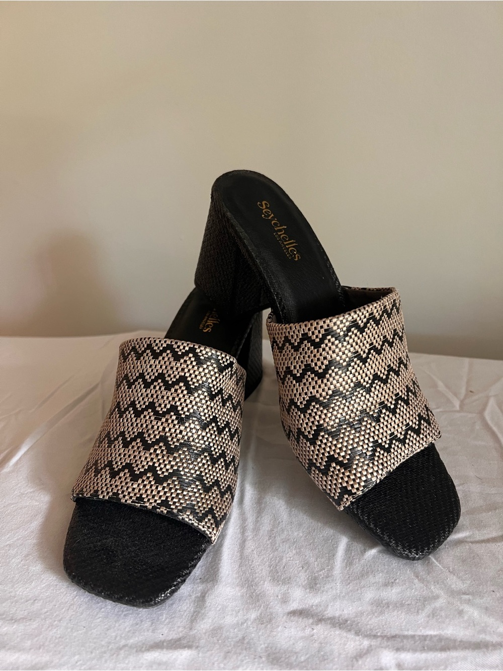 Stella McCartney Black and Beige Woven Mule Heels